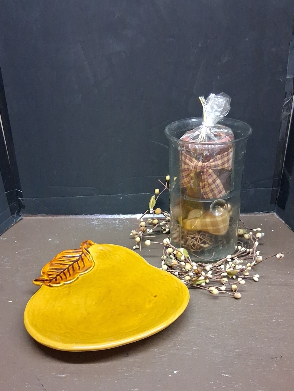 Prim bundle:  pear shaped serving plate, and a hurricane‎ candle with prim decor
